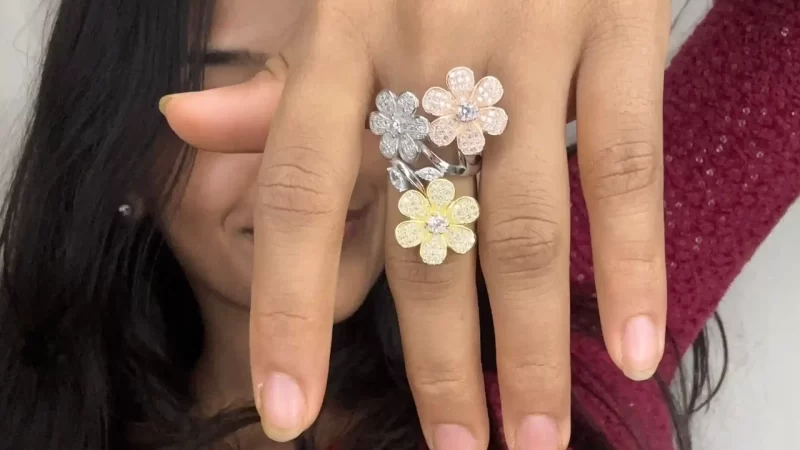 Zircon studded real silver three flower cocktail ring